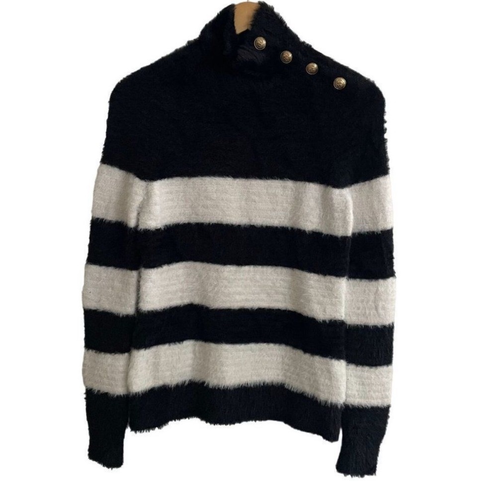 L’Agence Black and Ivory Striped Sweater with Button Detail NWT. MSRP $565
